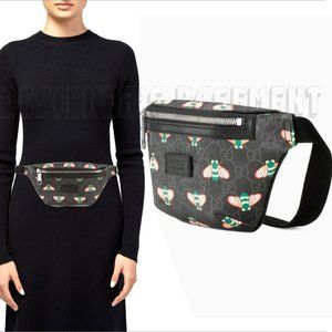 GUCCI black leather BESTIARY Bee GG Supreme canvas crossbody 90-36 Belt BUM bag